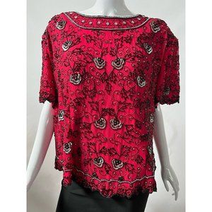 Dusk To Dawn Womens Beaded Blouse Red Floral Short Sleeve Silk Plus 24 New
